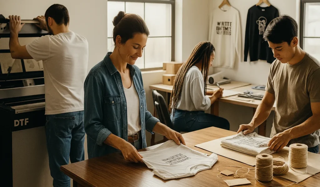 A softly lit apparel workshop in Abilene, Texas. The founder stands at a wooden table, gently inspecting a freshly printed t-shirt with a calm, focused expression — not looking at the camera, but at the product in their hands. To the left, a team member in a simple white tee and jeans adjusts a DTF print machine. On the right, another team member folds a finished shirt neatly next to packing materials like kraft paper, string, and hang tags.