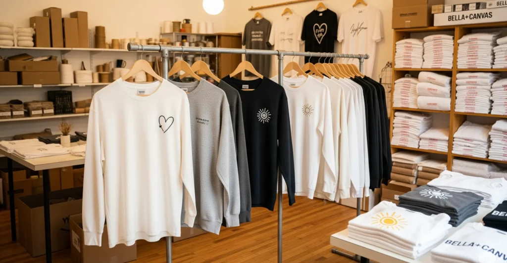 A cozy, authentic apparel workshop or small-batch printing studio. T-shirts and sweatshirts in soft, muted tones (white, cream, faded black, light heather gray) are neatly displayed on racks made of wood and metal pipes. The room has warm wooden floors and soft ceiling lighting. Some garments feature minimalistic emotional prints — subtle hearts, handwritten text, or sun motifs.