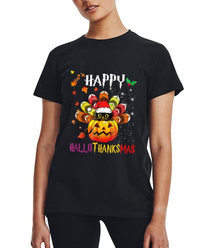 Black Cat Halloween And Merry Christmas Happy Hallothanksmas Women T-Shirt