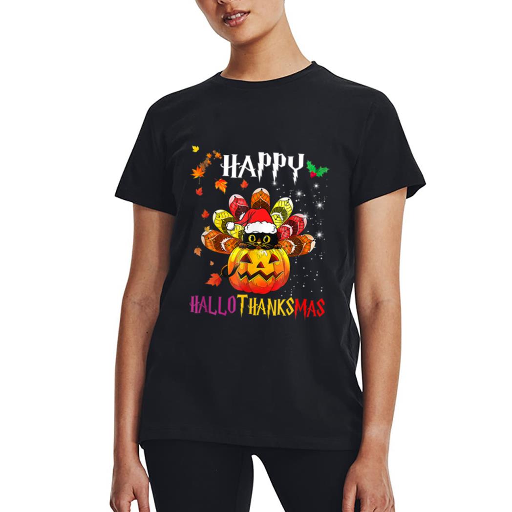 Black Cat Halloween And Merry Christmas Happy Hallothanksmas Women T-Shirt