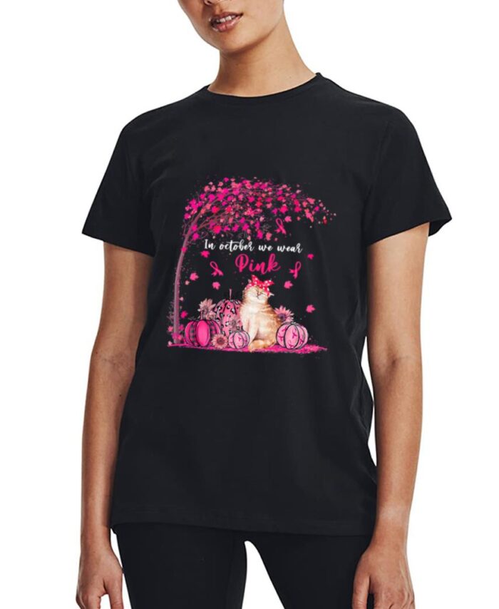 Breast Cancer Awareness In October We Wear Pink Pumpkin Cat Premium Women T-Shirt