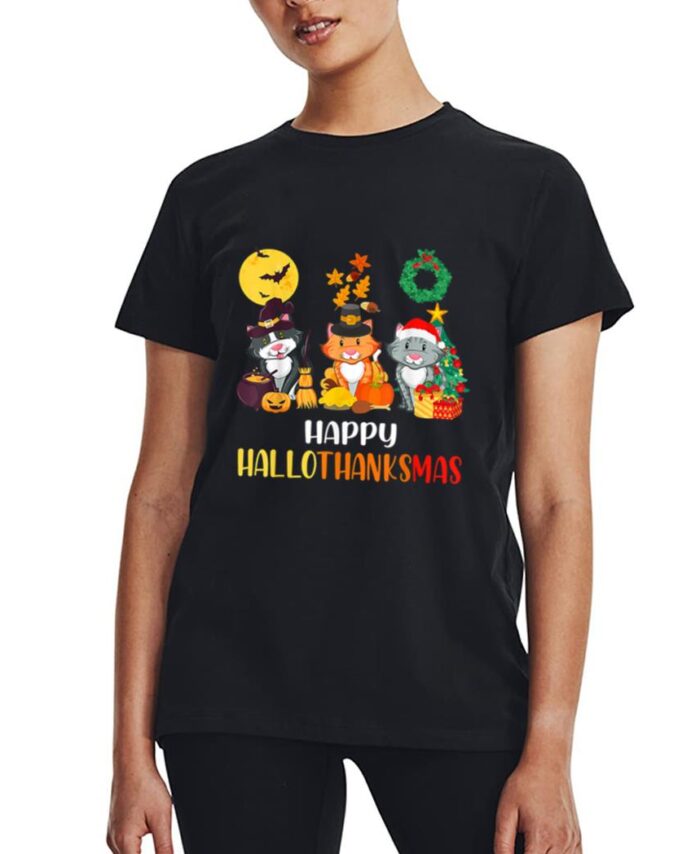 Cat Halloween Christmas Happy Hallothanksmas Thanksgiving Women T-Shirt