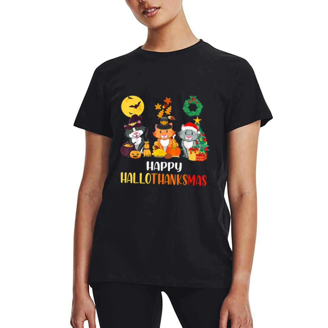 Cat Halloween Christmas Happy Hallothanksmas Thanksgiving Women T-Shirt