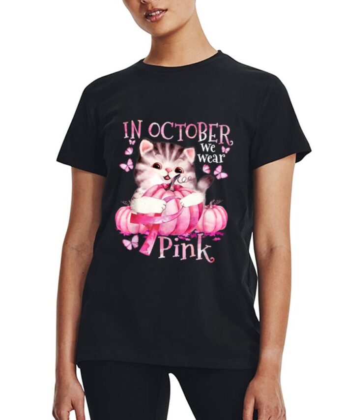 Cat Pumpkin Halloween In October We Wear Pink Breast Cancer Women T-Shirt
