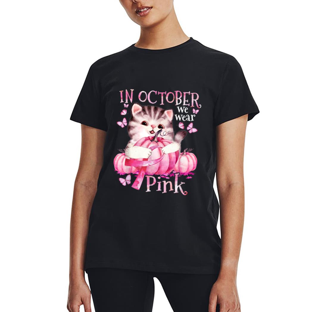 Cat Pumpkin Halloween In October We Wear Pink Breast Cancer Women T-Shirt