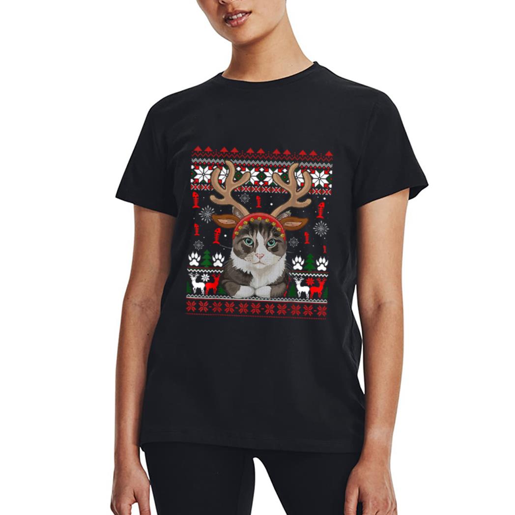 Cat Reindeer Antlers Headband Funny Ugly Christmas Sweater Women T-Shirt
