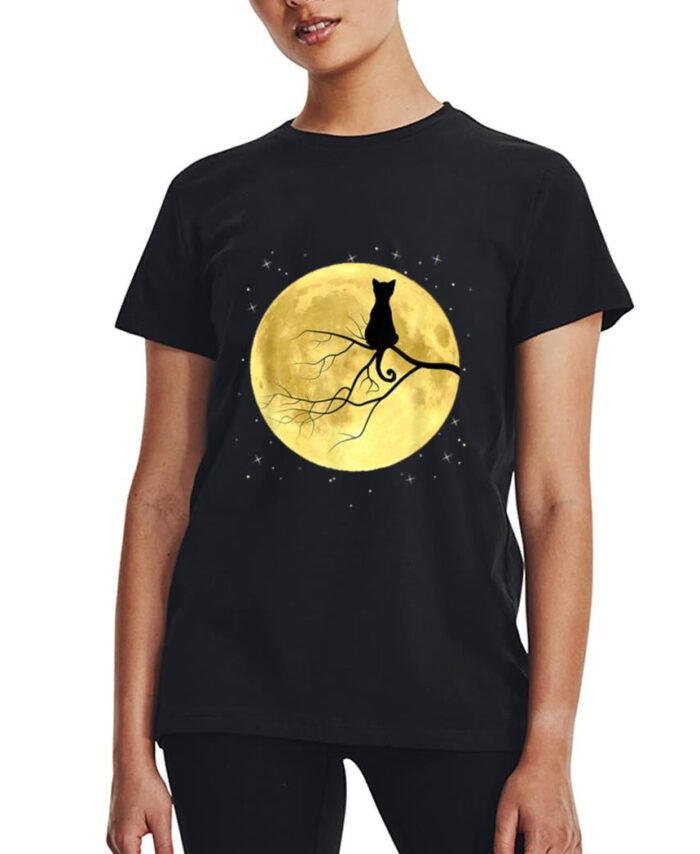 Cat Silhouette On Moon Mystical Cat Halloween Cat And Moon Women T-Shirt