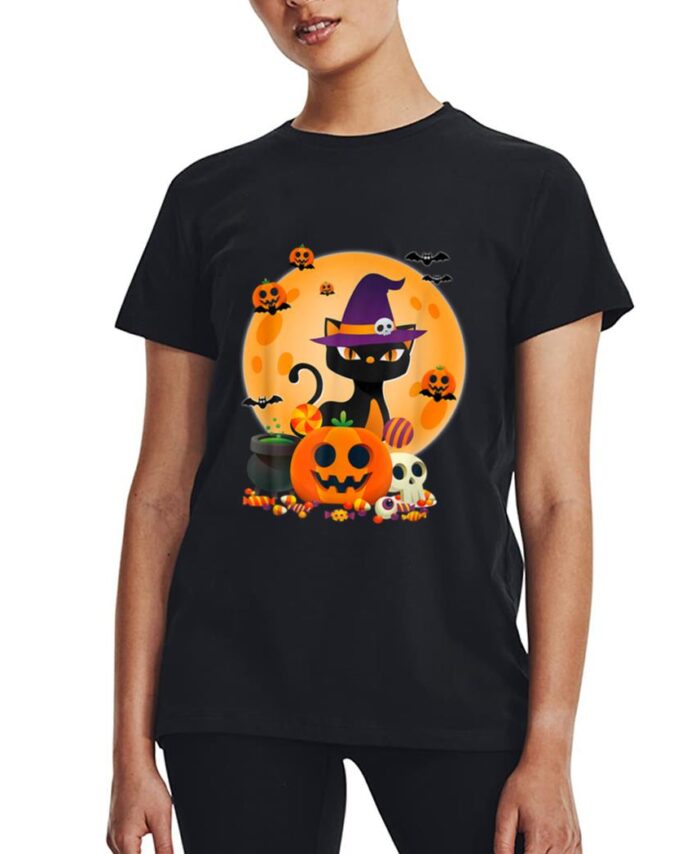 Cat With Witch Hat Pumpkin Bat Moon Cat Funny Halloween Women T-Shirt