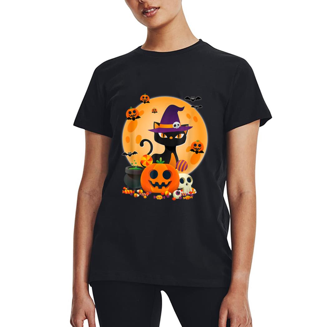 Cat With Witch Hat Pumpkin Bat Moon Cat Funny Halloween Women T-Shirt
