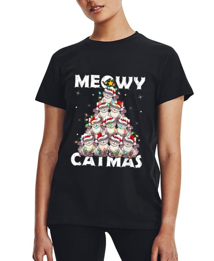 Cat Xmas Lights Santa Meowy Catmas Cat Christmas Ree Women T-Shirt