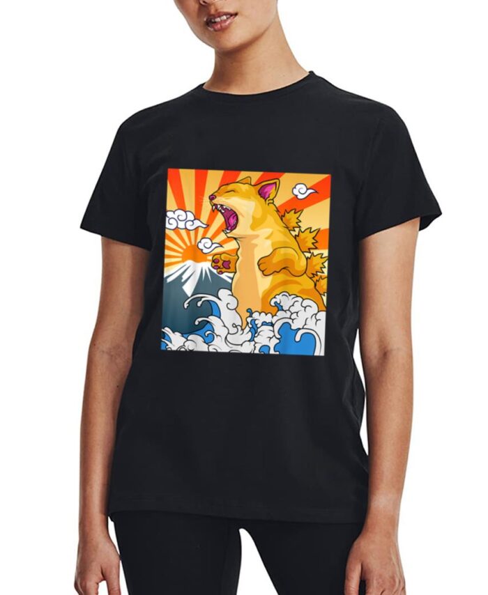 Catzilla Vintage Kawaii Cute Cat Art Japanese Sunset Women T-Shirt