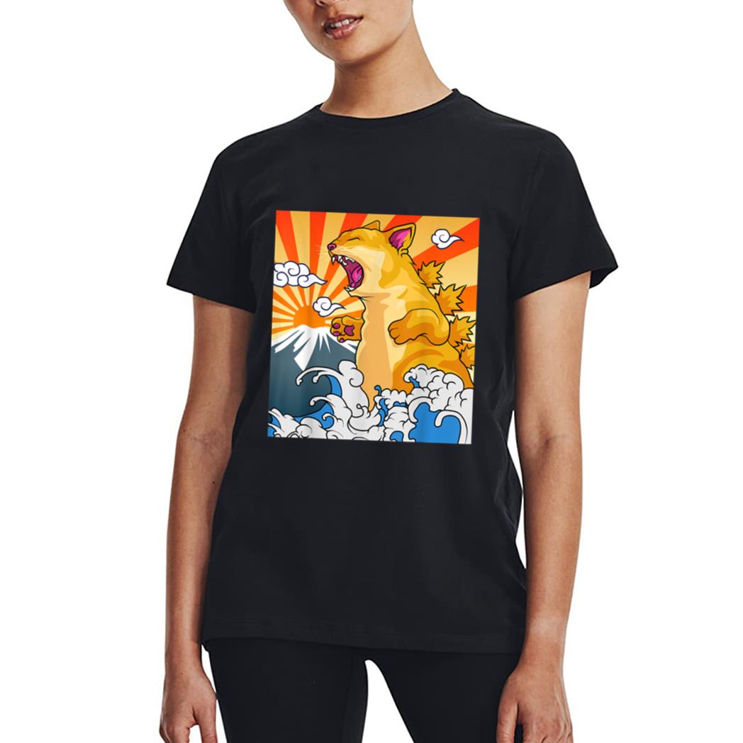 Catzilla Vintage Kawaii Cute Cat Art Japanese Sunset Women T-Shirt