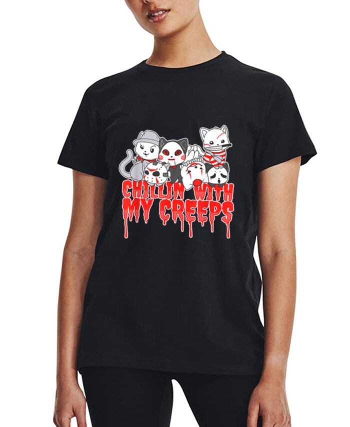Chillin With My Creeps Cat Horror Serial Killer Halloween Women T-Shirt