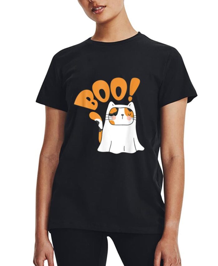 Cut Cat Ghost Halloween Boo Saying Women T-Shirt
