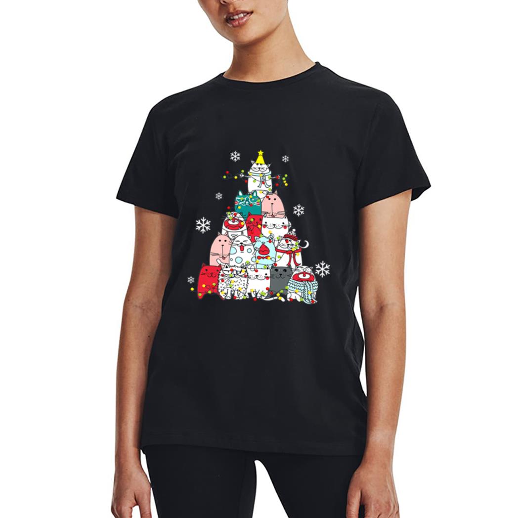 Cute Cat Christmas Tree Lights Snow Xmas Pajama Cat Lover Women T-Shirt