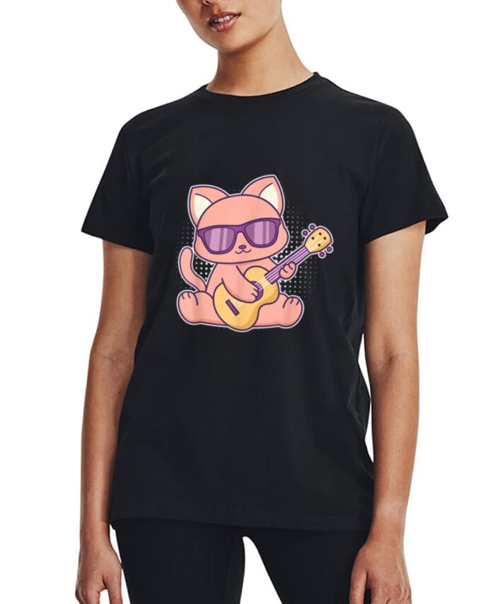 Cute Cat With Sunglasses Playing On A Guitar Women T-Shirt