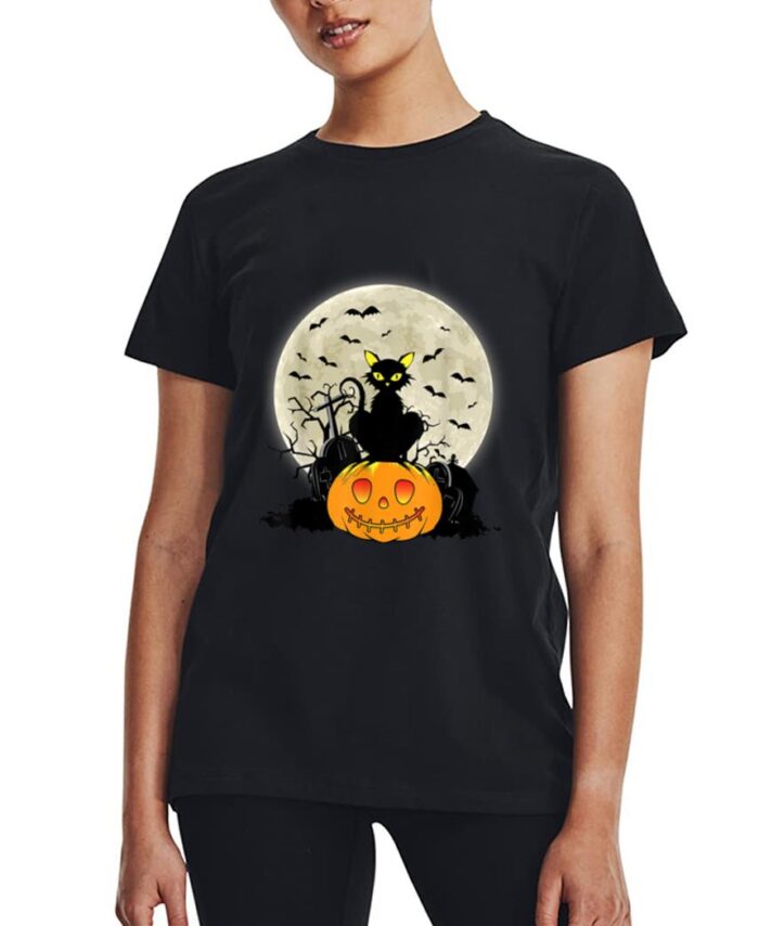 Cute Halloween Black Cat Witch Hat Pumpkin Women T-Shirt