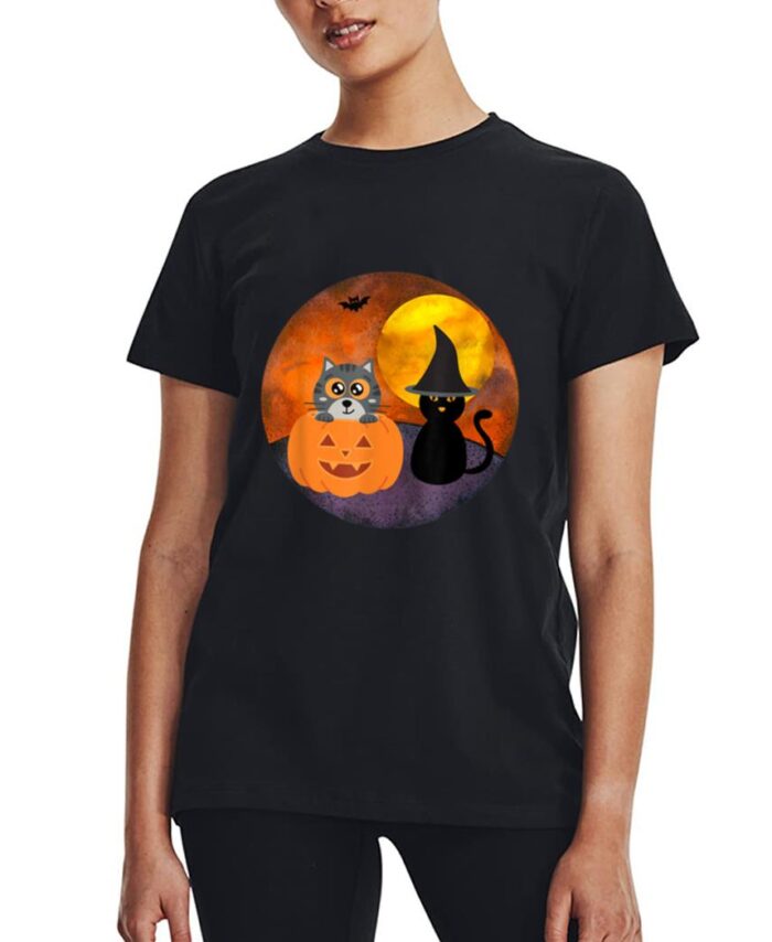 Cute Halloween Cat Scene Witch Pumpkin Bat Full Moon Women T-Shirt