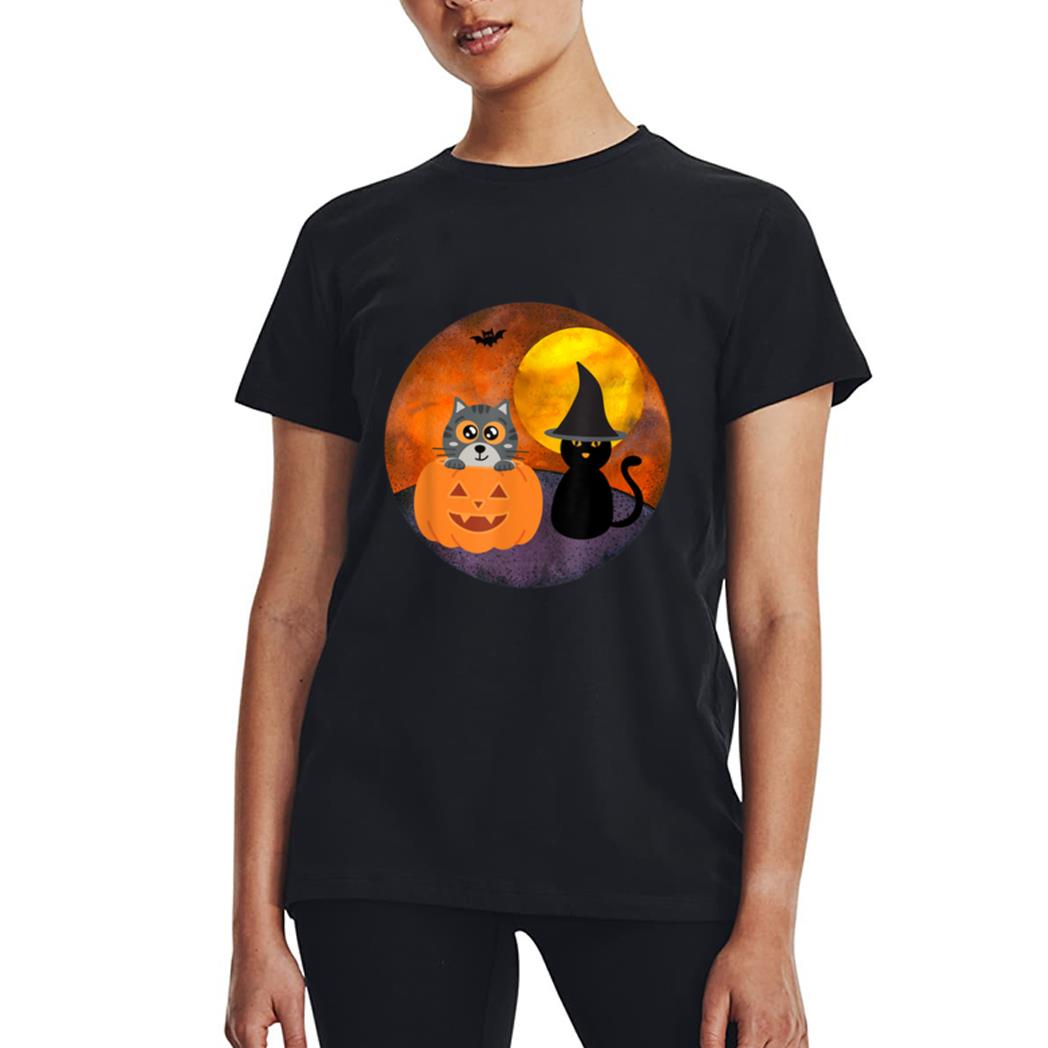 Cute Halloween Cat Scene Witch Pumpkin Bat Full Moon Women T-Shirt
