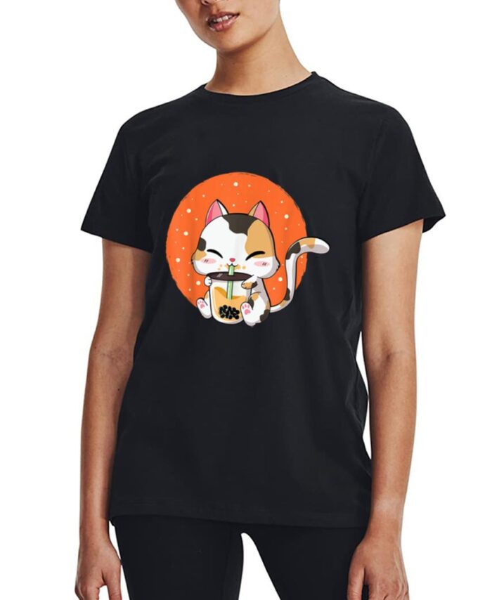 Cute Kawaii Cat Boba Bubble Milk Tea Anime Neko Kitten Women T-Shirt