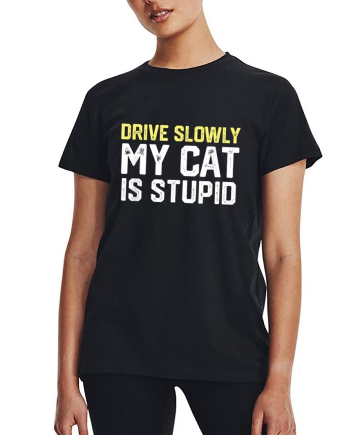 Drive Slowly My Cat Is Stupid Funny Cat Lover Joke Women T-Shirt