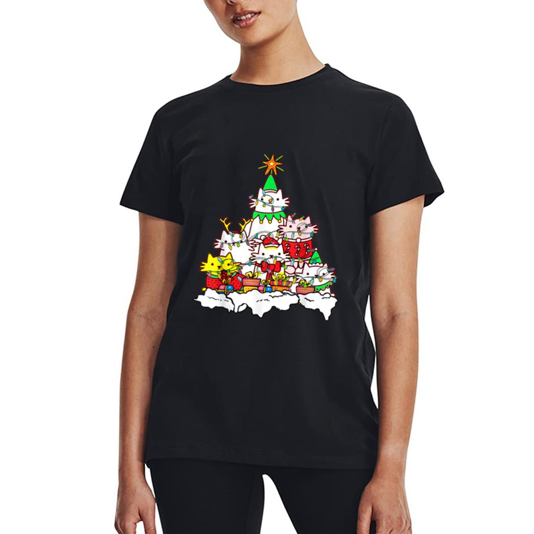 Funny Cat Christmas Tree Lights Costume Matching Pajama Gift Women T-Shirt