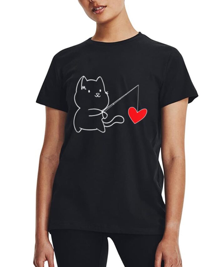 Funny Cat Fishing Heart Valentines Day Women T-Shirt