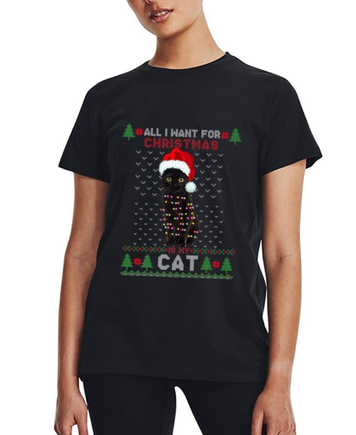 Funny Cat lovers Cute Cat Santa Hat Ugly Christmas Sweater Premium Women T-Shirt