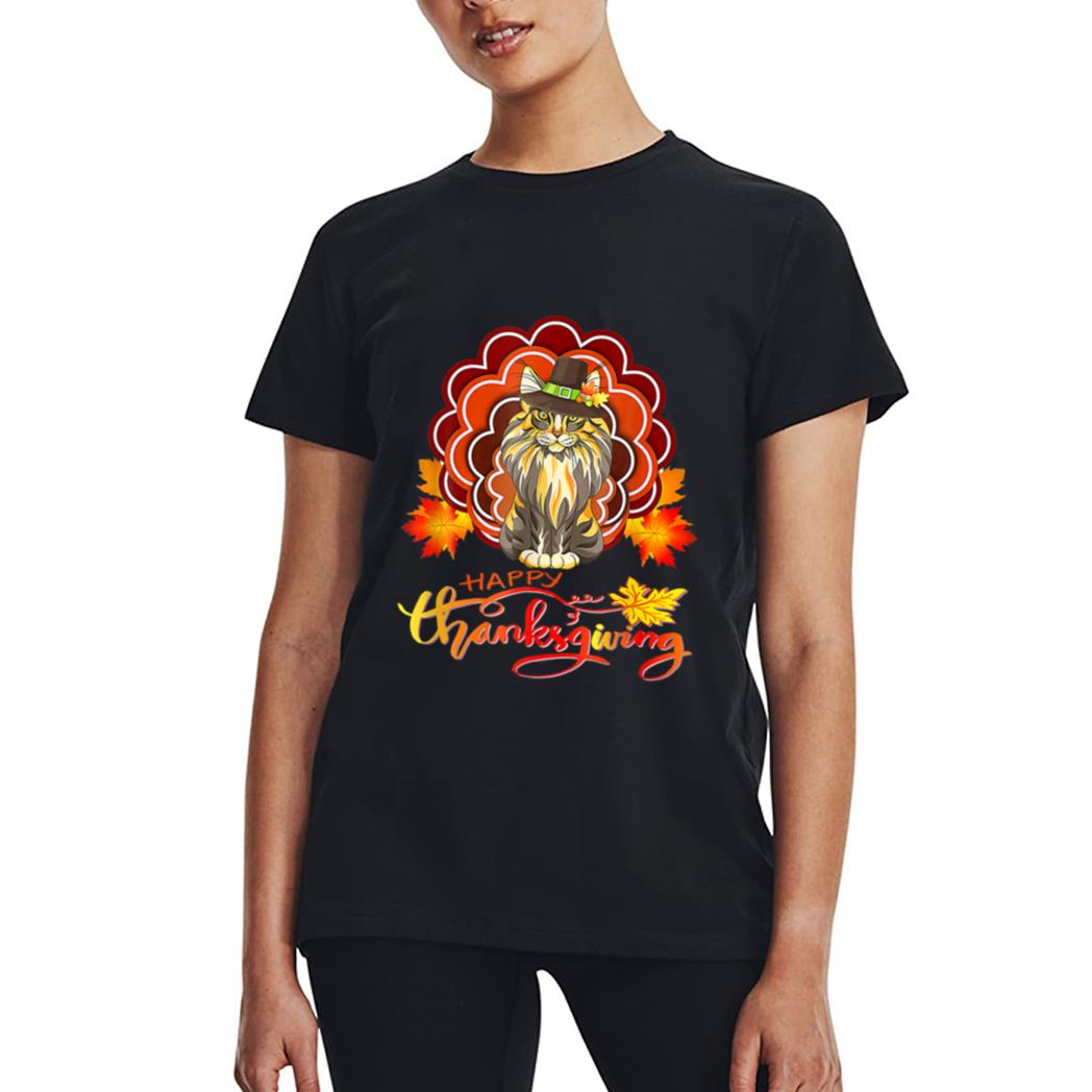 Funny Maine Coon Cat Urkey Happy Hanksgiving Women T-Shirt