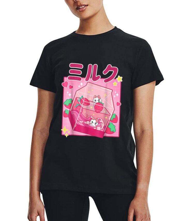 Funny Retro 90s Strawberry Milkshake Carton Kawaii Anime Cat Women T-Shirt