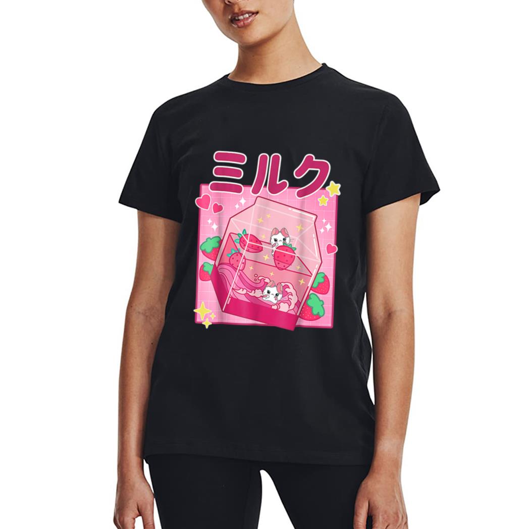 Funny Retro 90s Strawberry Milkshake Carton Kawaii Anime Cat Women T-Shirt