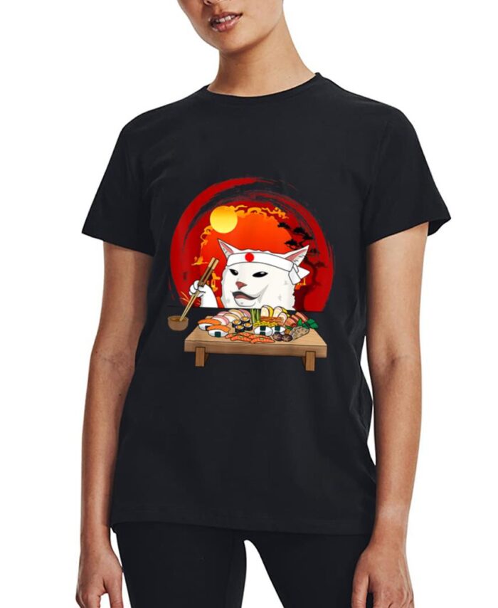 Funny White Cat Meme Eating Sushi Kawaii Sushi Cat Women T-Shirt