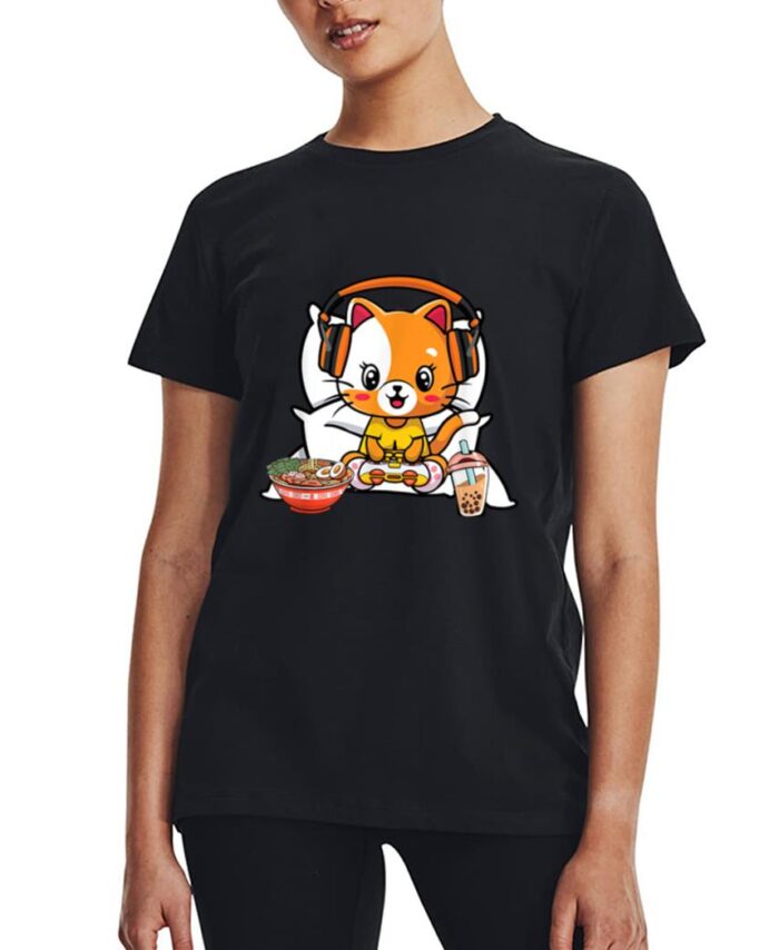 Gamer Cat Boba and Ramen Kawaii Anime Neko Women T-Shirt