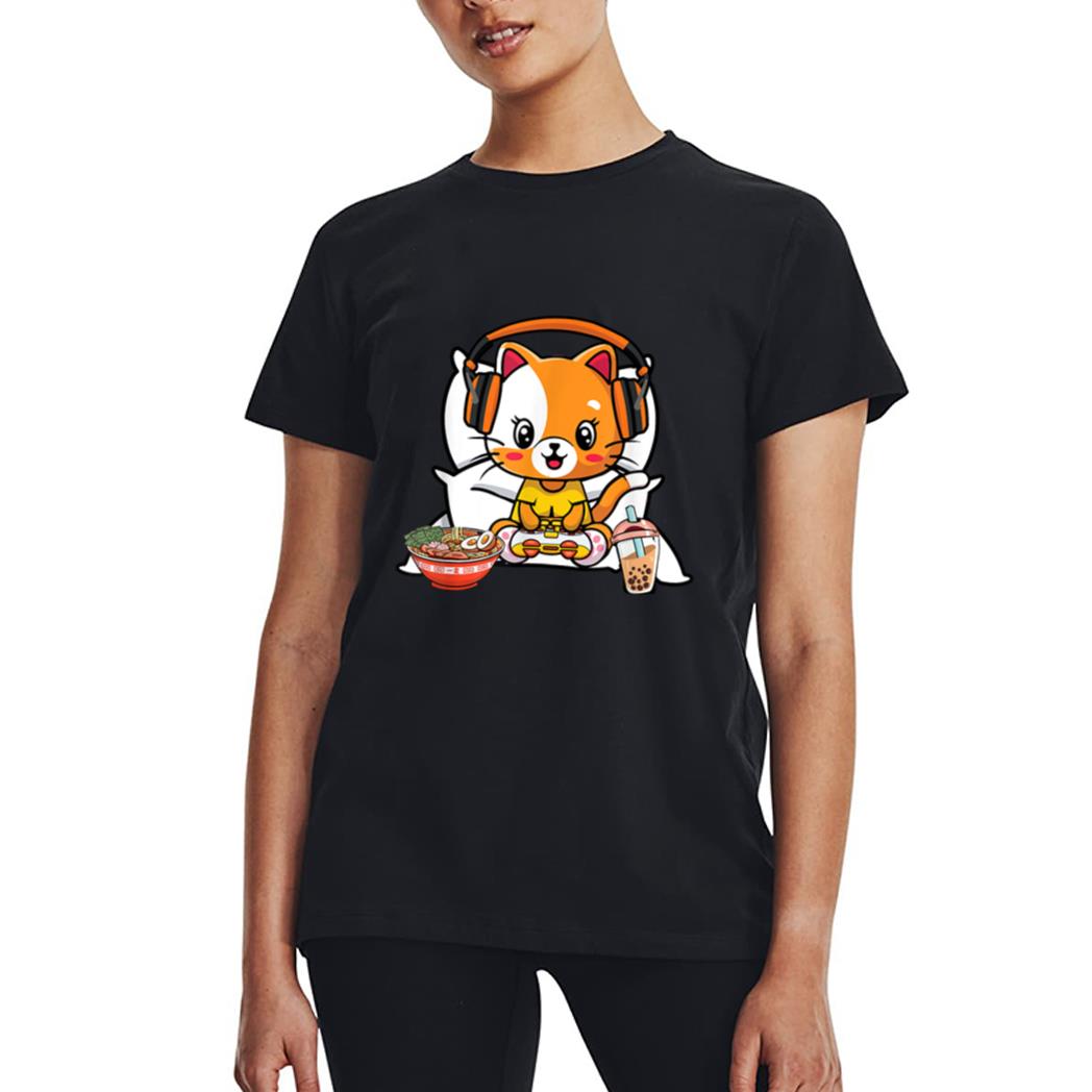 Gamer Cat Boba and Ramen Kawaii Anime Neko Women T-Shirt
