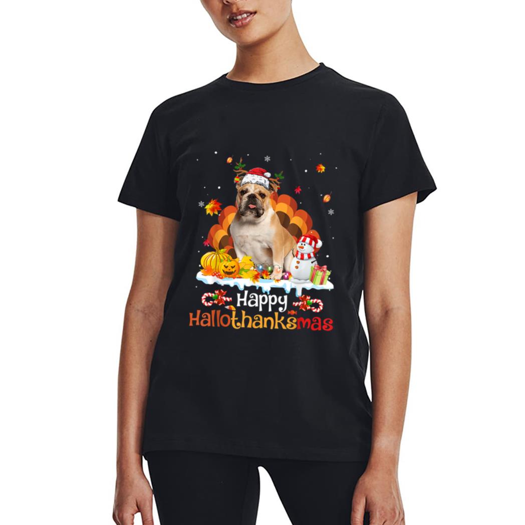 HalloThanksMas Halloween Thanksgiving Christmas Bulldog Women T-Shirt