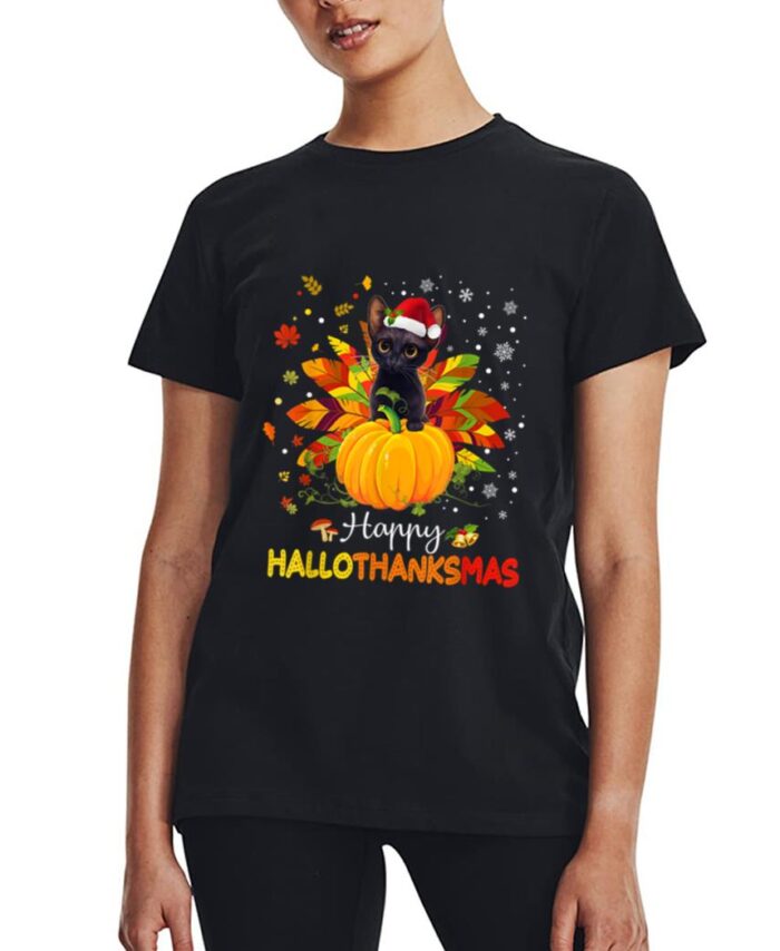 Happy Hallothanksmas Cat Halloween Thanksgiving Christmas Women T-Shirt