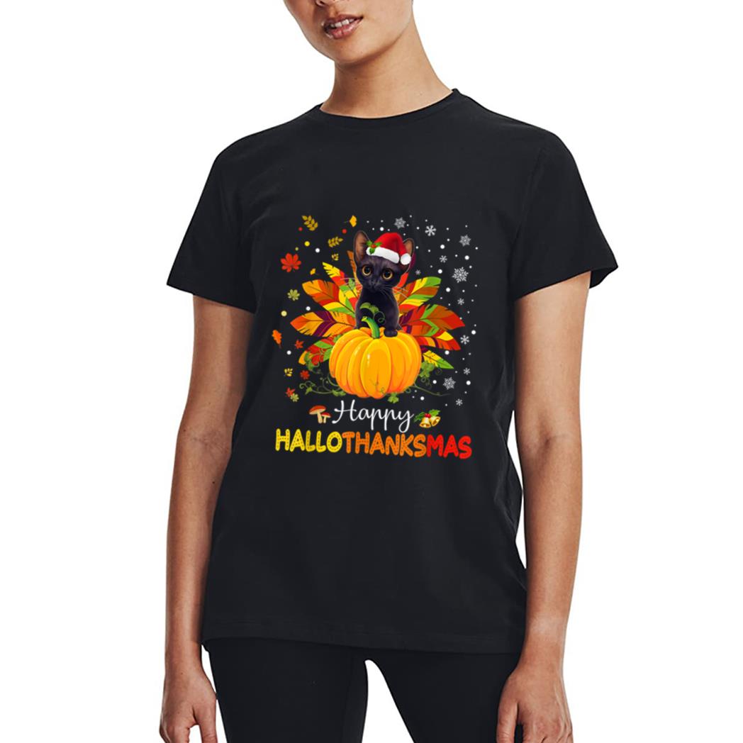 Happy Hallothanksmas Cat Halloween Thanksgiving Christmas Women T-Shirt