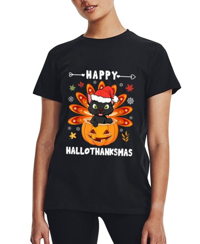 Happy Hallothanksmas Cat Turkey Cat Thanksgiving Christmas Women T-Shirt