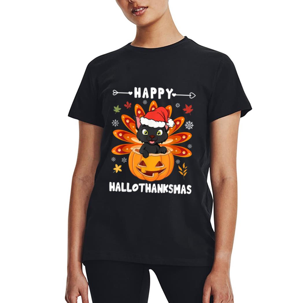 Happy Hallothanksmas Cat Turkey Cat Thanksgiving Christmas Women T-Shirt