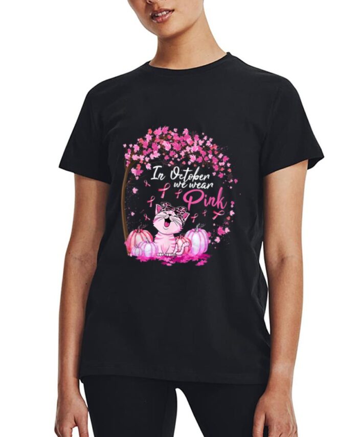 In October We Wear Pink Leopard Cat Breast Cancer Awareness Women T-Shirt
