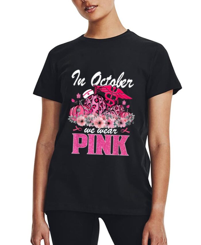 In October We Wear Pink Nurse Life Pumpkin Leopard Halloween Women T-Shirt