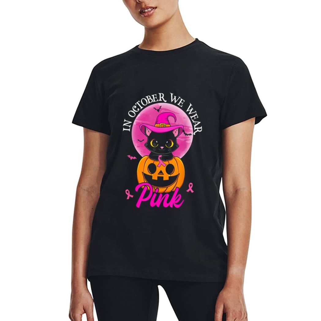 In October We Wear Pink Witch Cat Halloween Breast Cancer Women T-Shirt