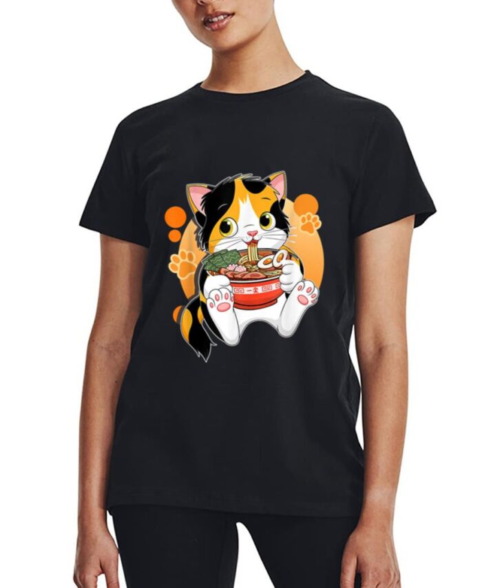 Kawaii Anime Cat  Japanese Ramen Noodles Gift Women T-Shirt