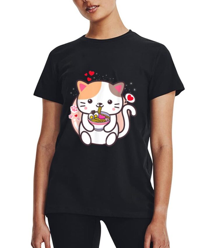 Kawaii Cat Ramen Anime Japanese Food Girls Official Teenager Women T-Shirt
