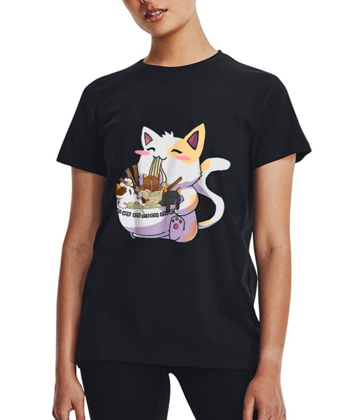 Kawaii Neko Cat Ramen Bowl Anime Japanese Noodles Women T-Shirt