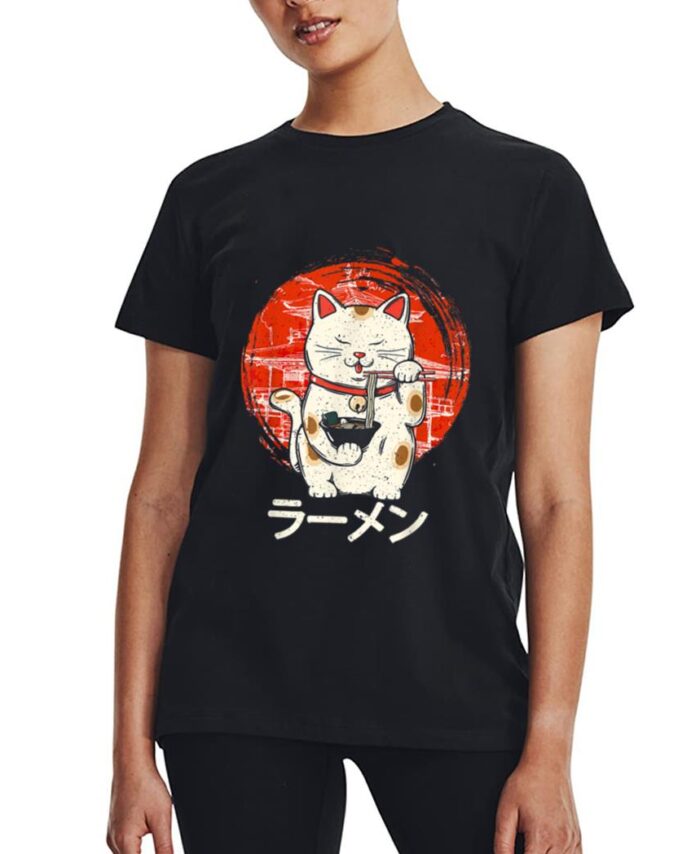 Kawaii Ramen Neko Retro Cat Japanese Noodle Anime Girls Teen Women T-Shirt