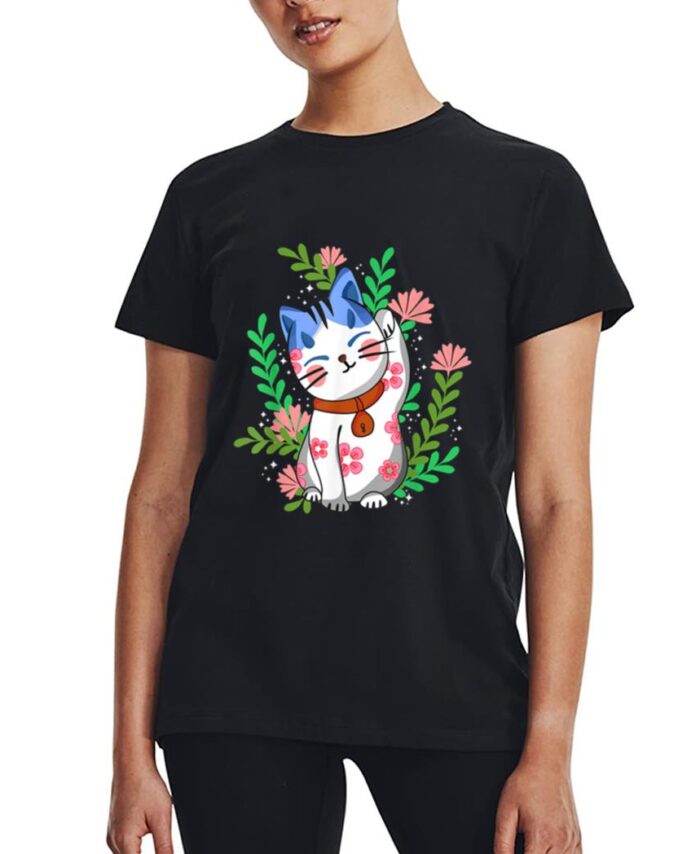 Maneki neko Lucky Japanese Cat Floral Botanical Women T-Shirt