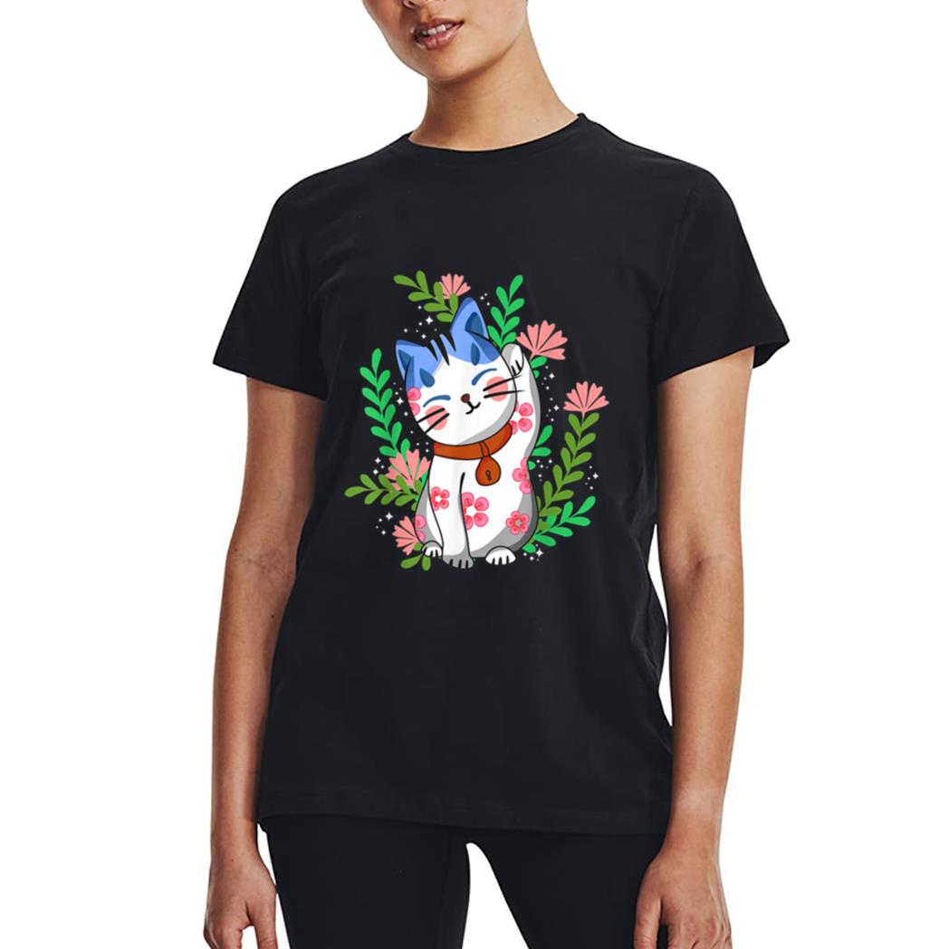 Maneki neko Lucky Japanese Cat Floral Botanical Women T-Shirt