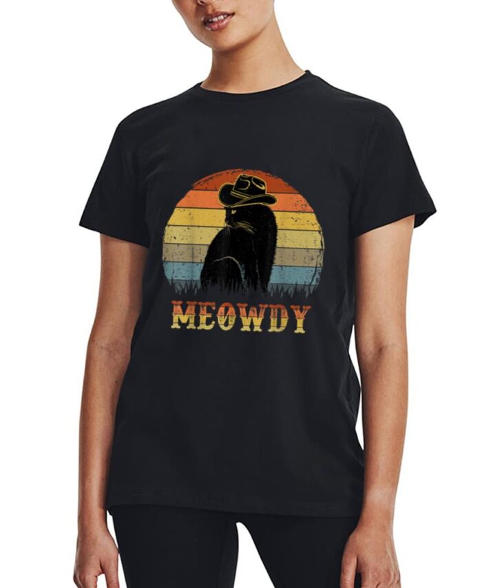 Meowdy Funny Country Music Black Cat Cowboy Hat Vintage Women T-Shirt