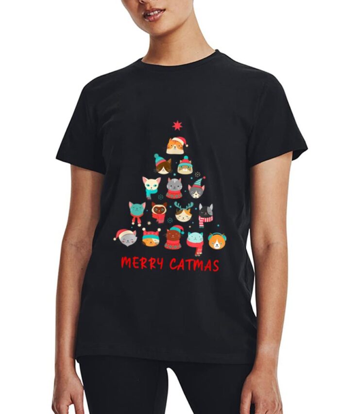 Merry Catmas Cat Christmas Tree Feline Festive Women T-Shirt
